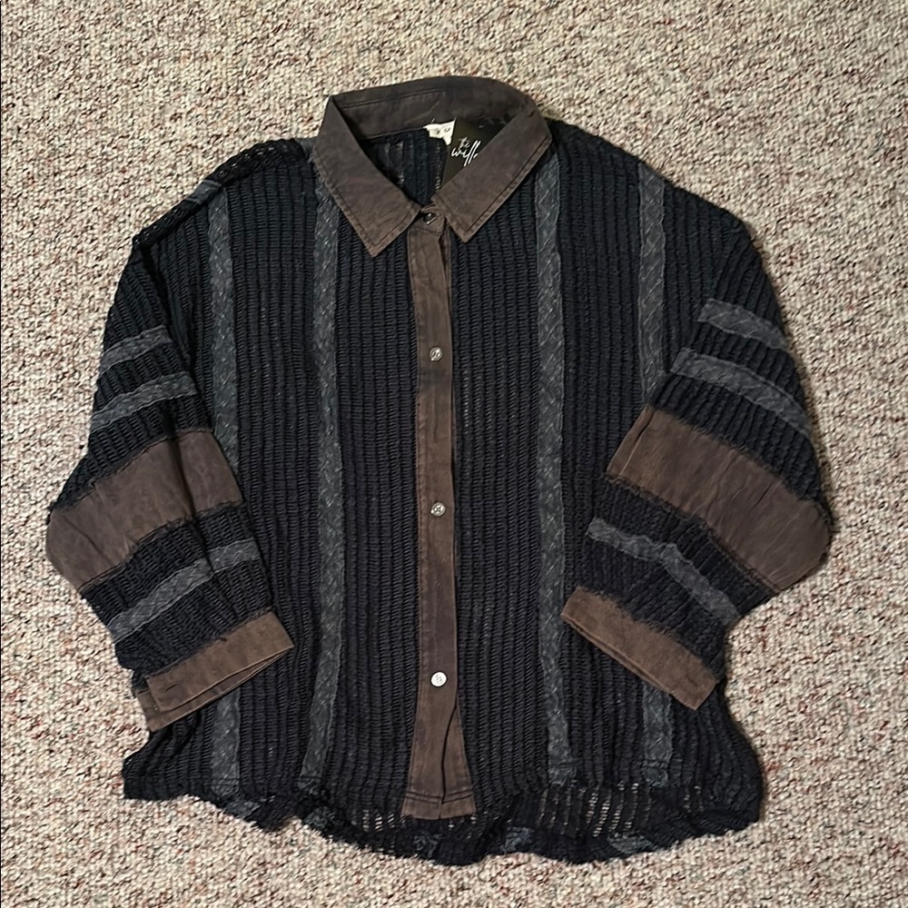 Striped Navy and Brown Button-Up Shirt